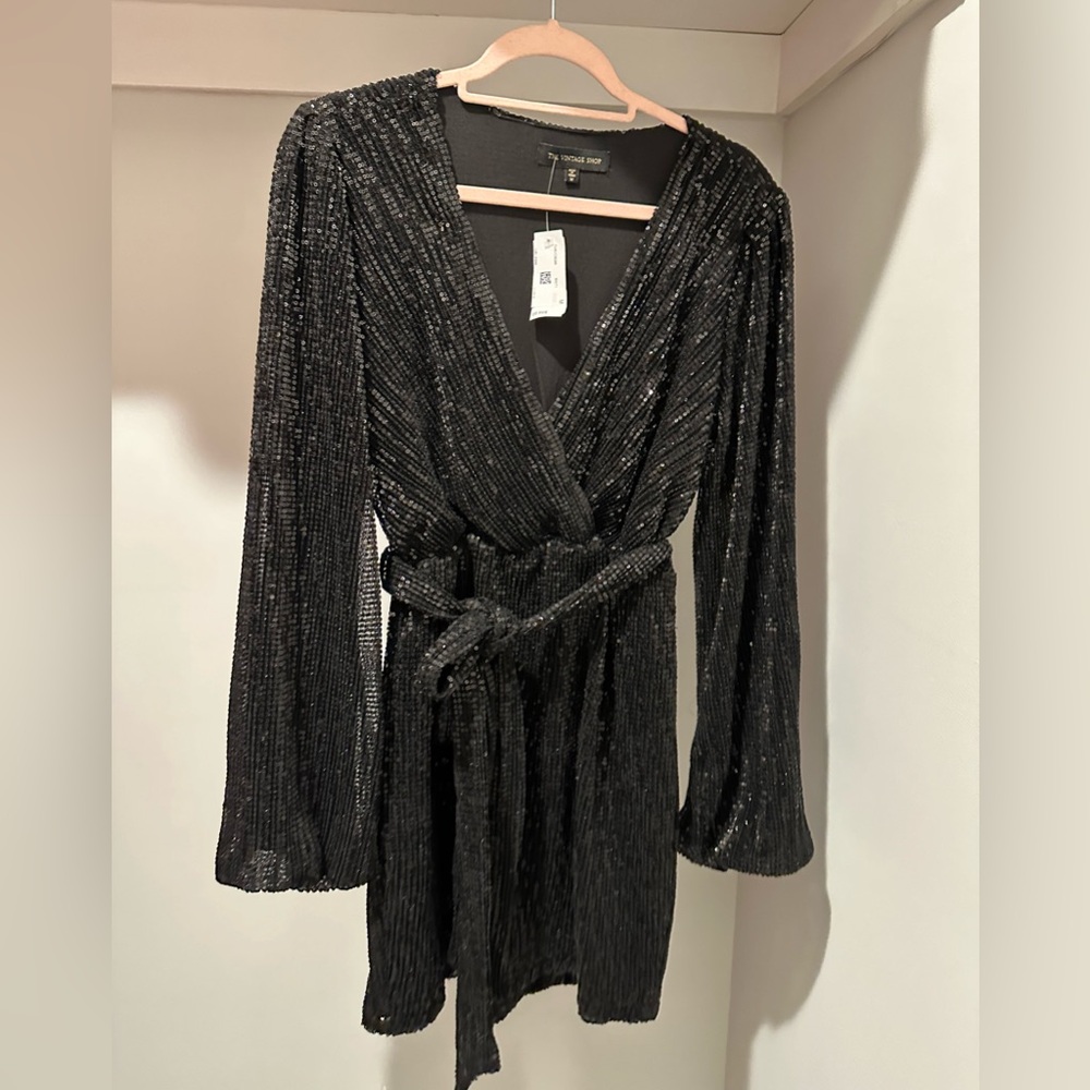 NWT The Vintage Shop Black Sequin Long Sleeve Wrap Dress with Belt